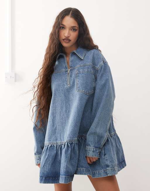 COLLUSION denim mini smock dress in midwash