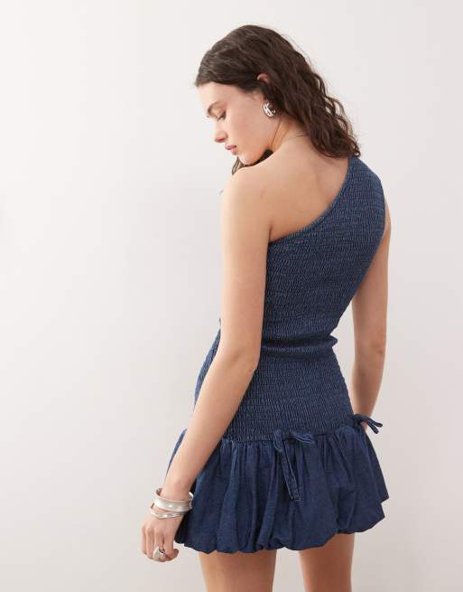 COLLUSION denim one shoulder shirred mini dress in blue