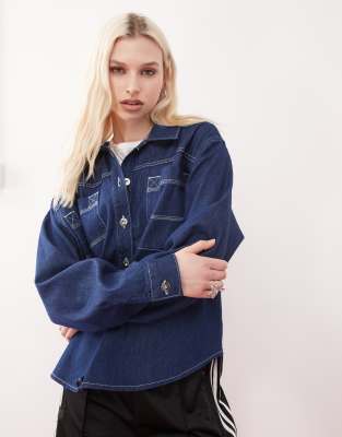 denim oversized shirt in rinse wash-Navy