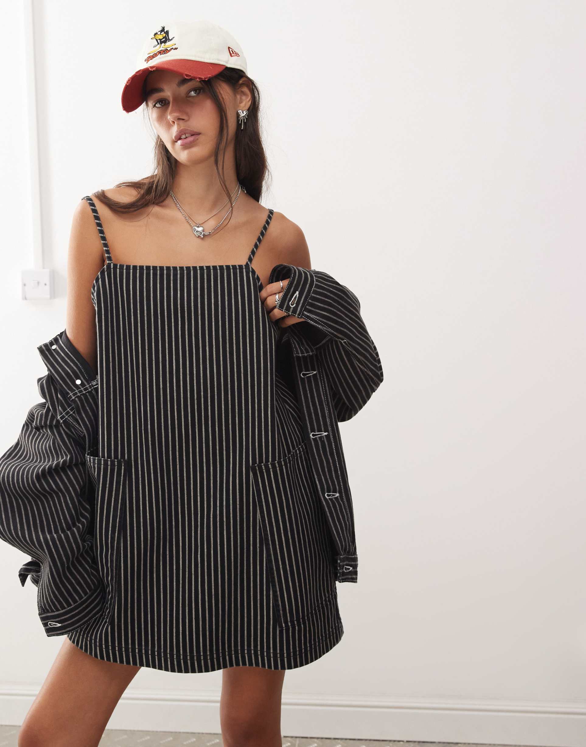 collusion denim pinny dress in black stripe - part of a set