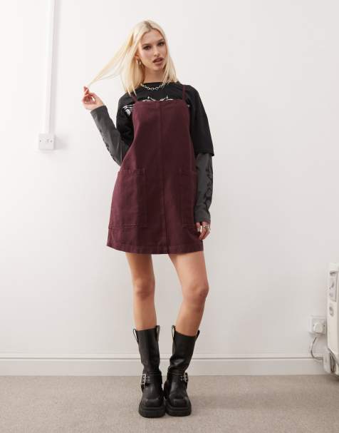 COLLUSION denim pinny dress in burgundy - view 1
