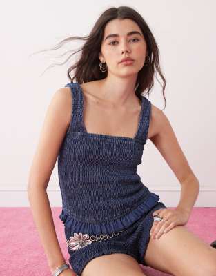 Collusion Denim Shirred Cami Top