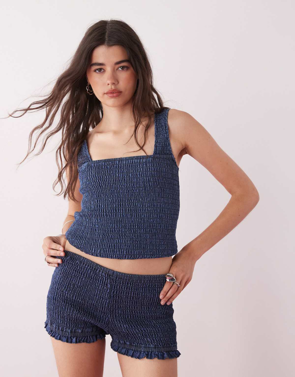 COLLUSION denim shirred co-ord booty shorts in blue