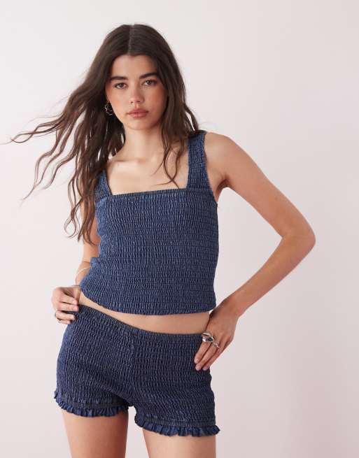 COLLUSION denim shirred micro shorts in blue - part of a set