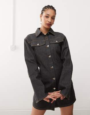 denim shirt dress in rinse wash-Black