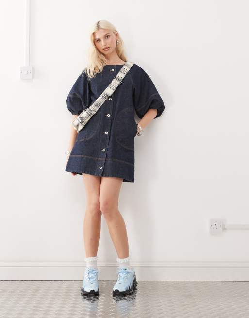 COLLUSION denim shirt dress with puff sleeves in rinse wash, 3 of 4
