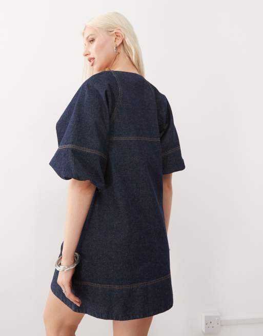 COLLUSION denim shirt dress with puff sleeves in rinse wash, 4 of 4