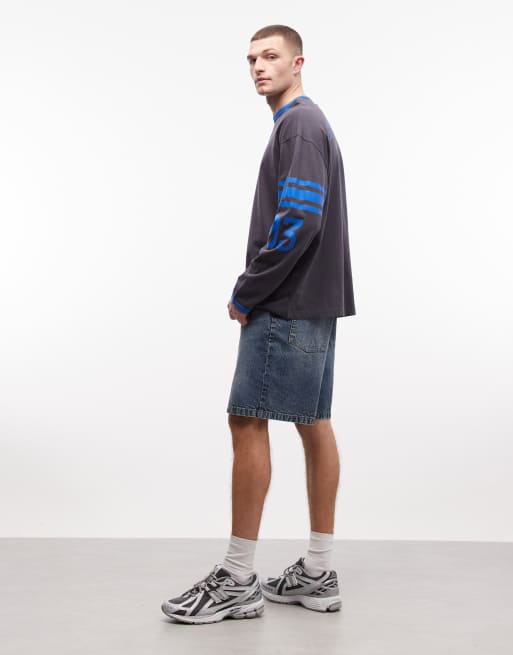 COLLUSION - Denim short met halfhoge taille in middenblauw, 3 van 5