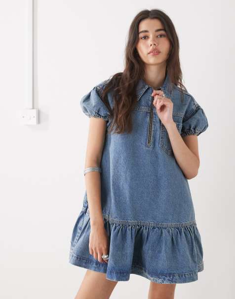 COLLUSION denim short sleeve smock dress in mid blue - view 1