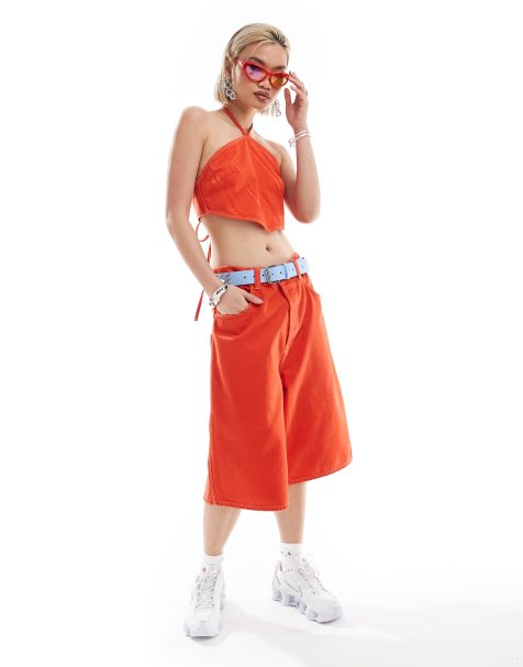 COLLUSION denim skater jorts in bright orange - view 1