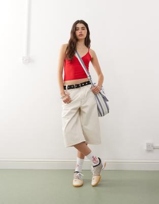 denim skater jorts with contrast stitch in ecru-White