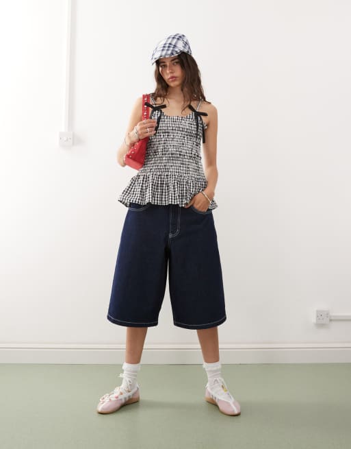 COLLUSION denim skater jorts with contrast stitch in mid blue