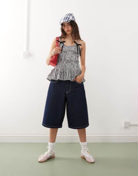 COLLUSION denim skater jorts with contrast stitch in mid blue - view 1