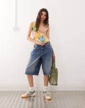 adidas Originals Adilenium denim capri shorts in lime wash