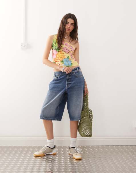 COLLUSION denim skater jorts with contrast stitch in rinse wash - view 1