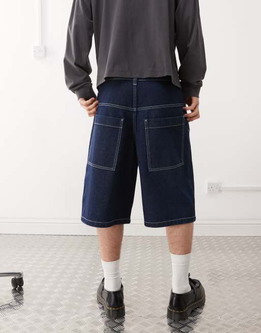 COLLUSION - Pantaloncini di jeans ampi stile skater lavaggio rinsewash con cuciture a contrasto