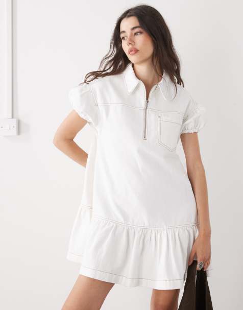 COLLUSION denim smock dress in ecru - view 1