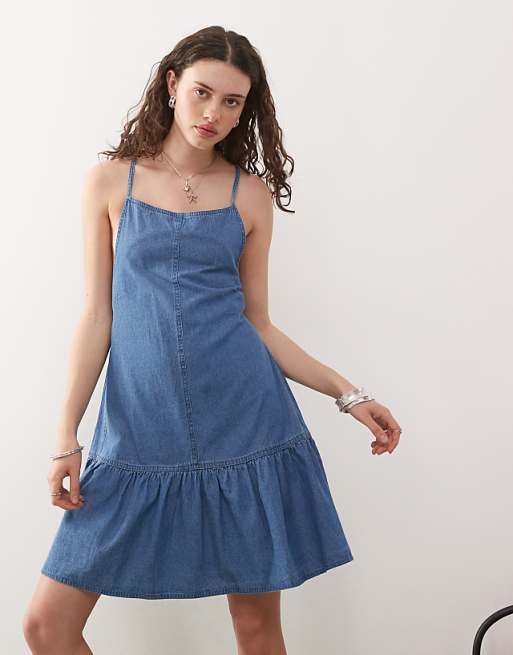 denim backless dress Blue Tide Scallop ready mini hem complete the look Collusion Denim tie up backless