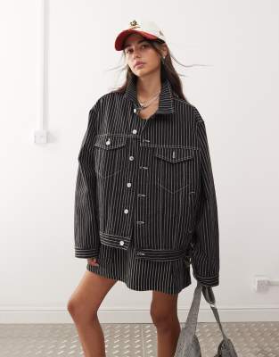 denim trucker jacket in black stripe