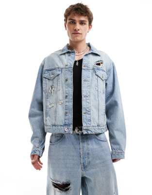 Collusion Denim Trucker Jacket With Rips In Lightwash - Part Of A Set-blue