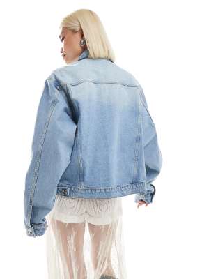 COLLUSION denim trucker jacket with rips in lightwash - part