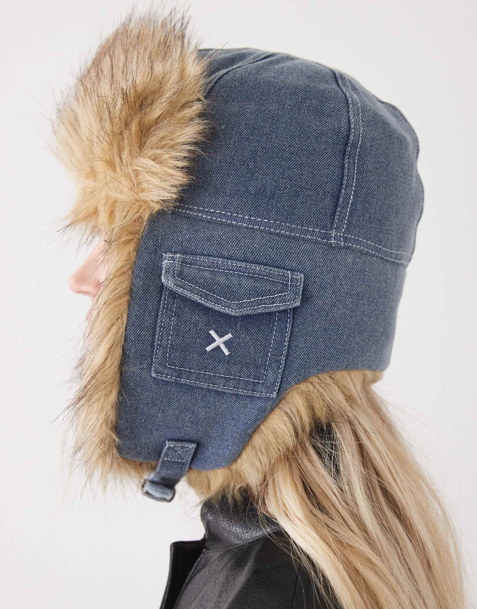 collusion denim vintage trapper hat with faux fur trim in mid wash blue