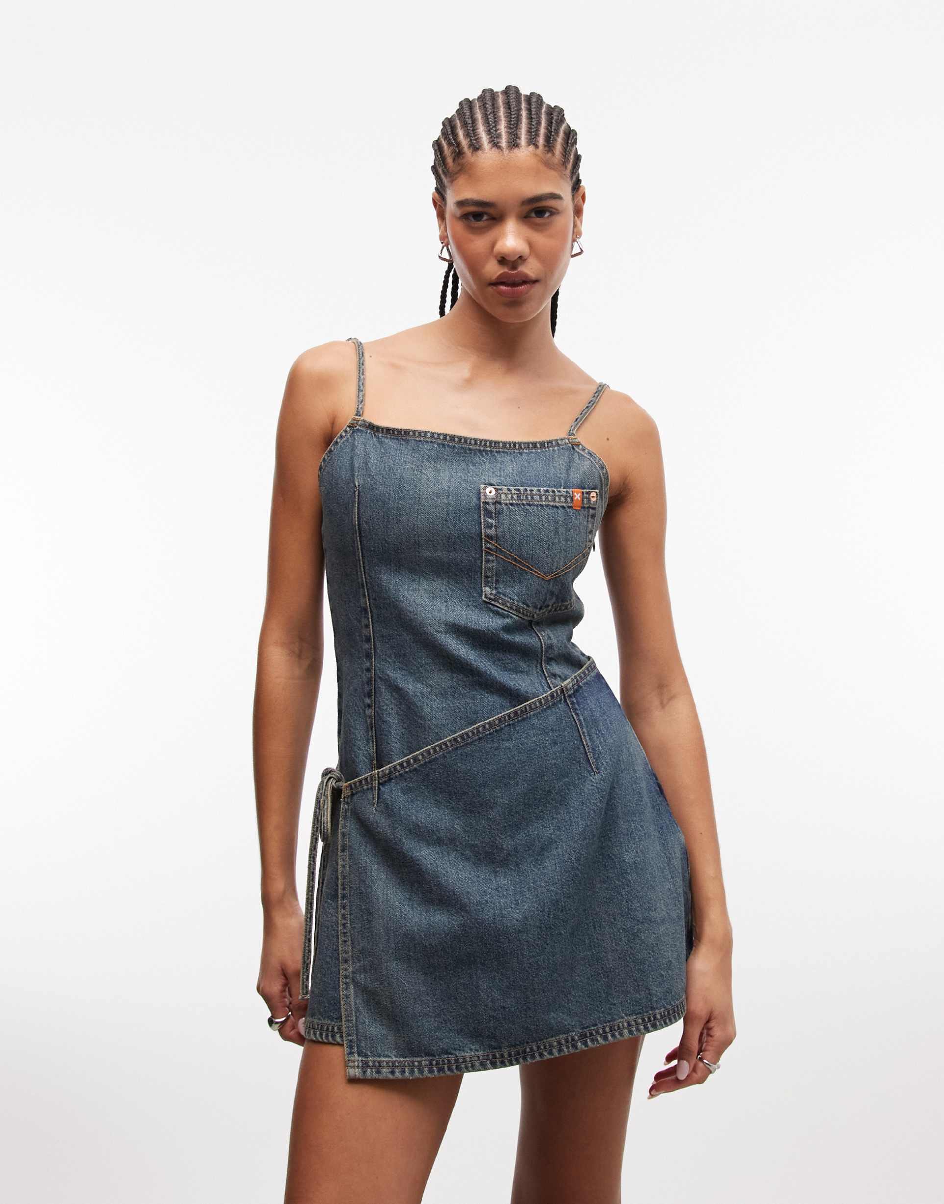 collusion denim wrap dress in mid wash