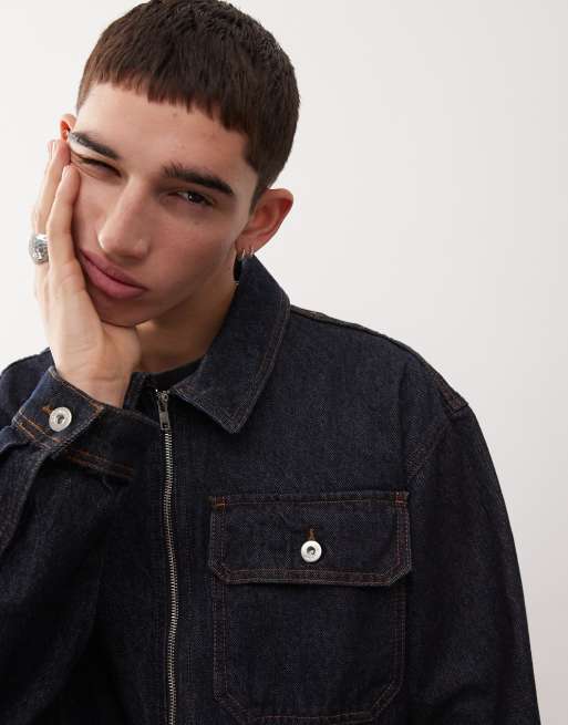 COLLUSION denim zip up shirt in rinsed wash
