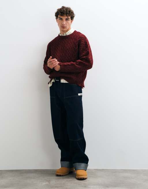 COLLUSION distressed cable knit crew neck sweater in burgundy, 4 of 5