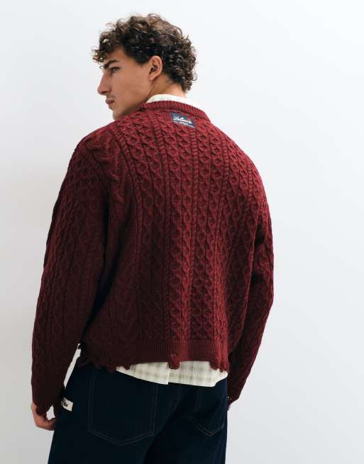 COLLUSION distressed cable knit crew neck sweater in burgundy, 5 of 5