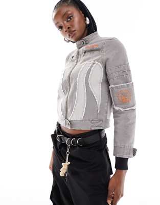 Collusion Distressed Canvas Motocross Jacket In Light Gray