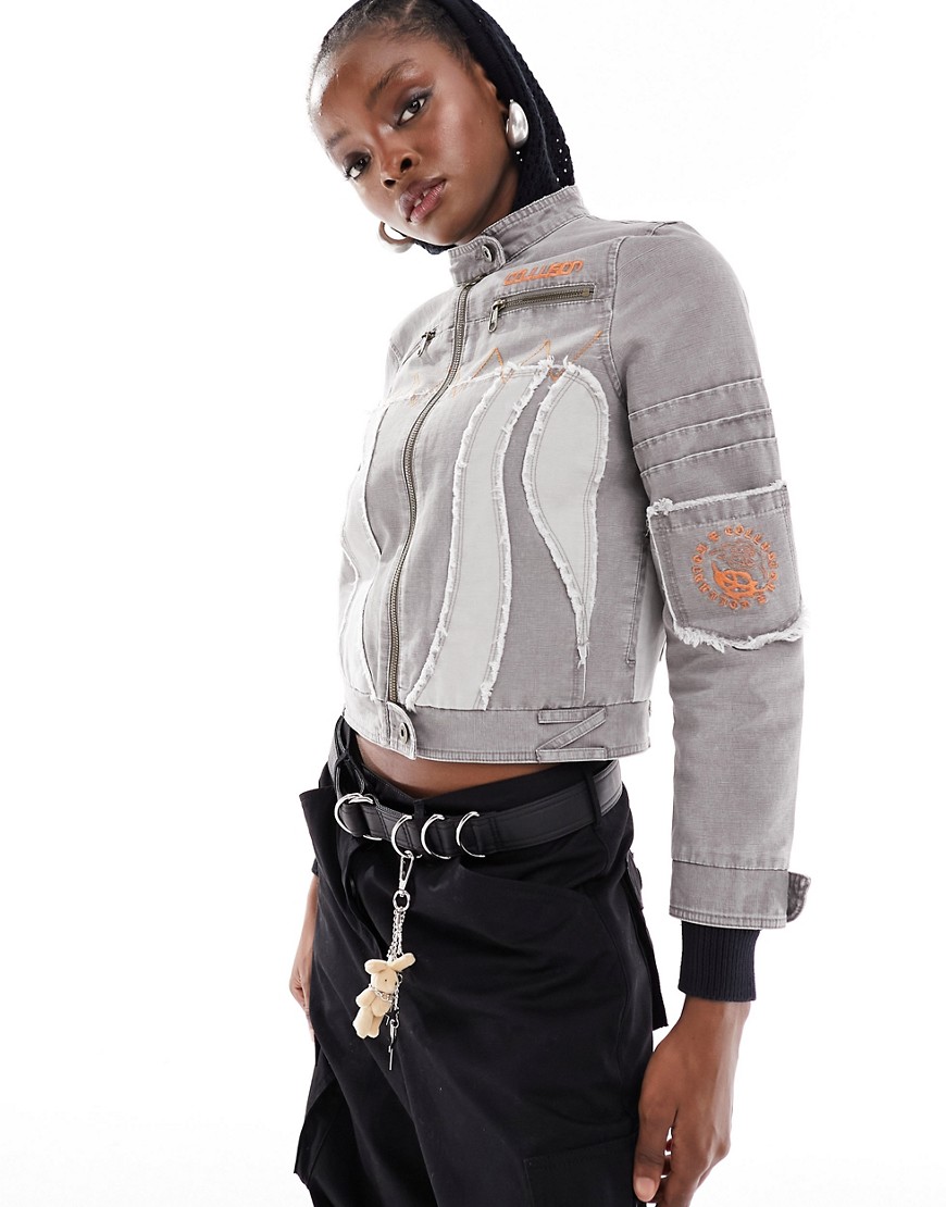 COLLUSION distressed canvas motorcross jacket in light grey