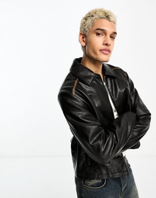 COLLUSION distressed faux leather harrington bomber in black