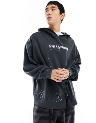 Collusion Distressed Hoodie In Washed Black With Tie Detail
