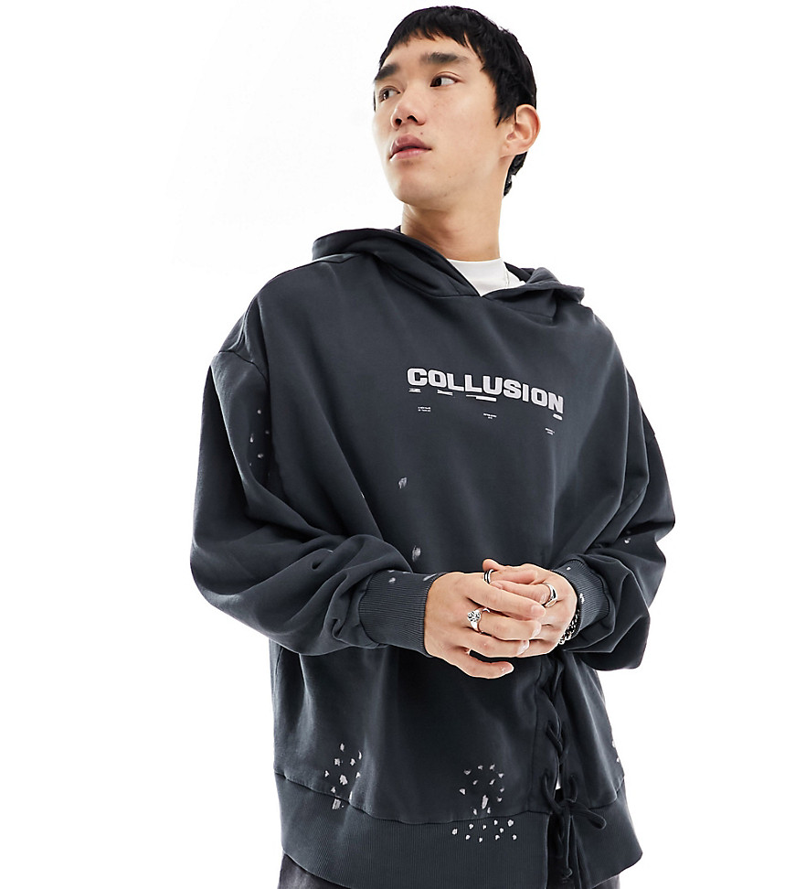 COLLUSION distressed hoodie in washed black with tie detail