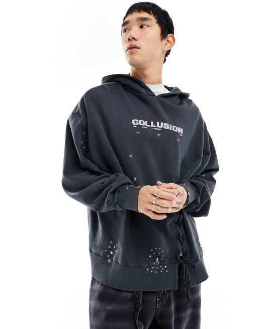 COLLUSION distressed hoodie in washed black with tie detail