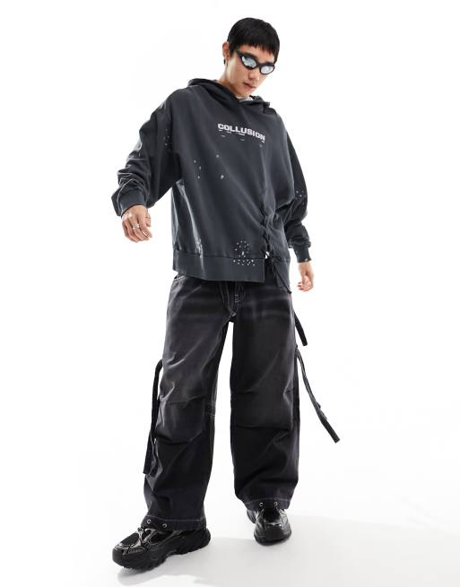 COLLUSION - Distressed hoodie met strikdetail in zwarte wassing, 3 van 4