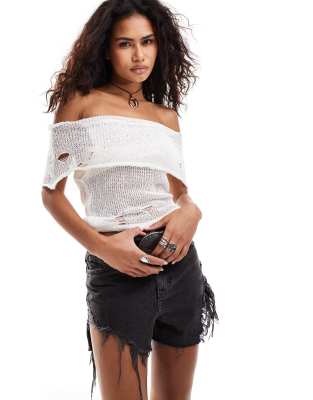 Collusion Distressed Knit Bardot Top In Ecru-white