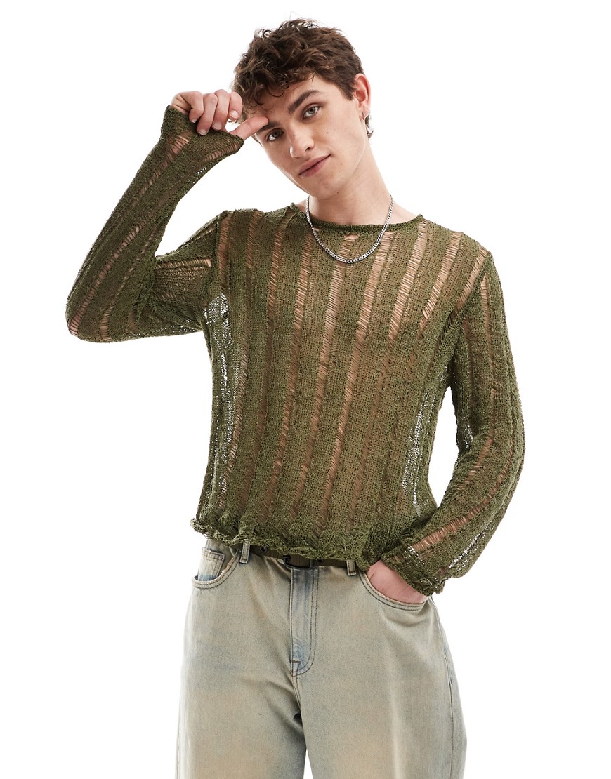 Collusion Distressed Knit Sweater In Khaki-green