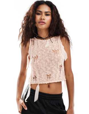 Collusion Distressed Knit Tank Top With Ribbons In Pink-brown