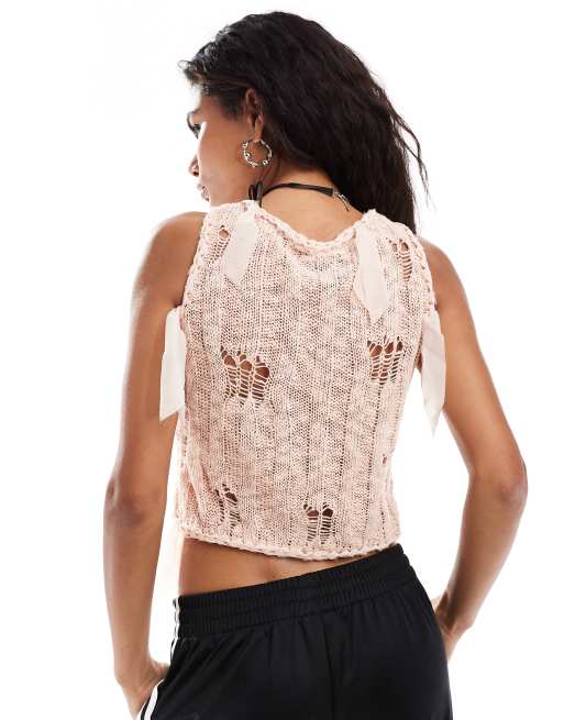 COLLUSION distressed knit tank top with ribbons in pink | ASOS