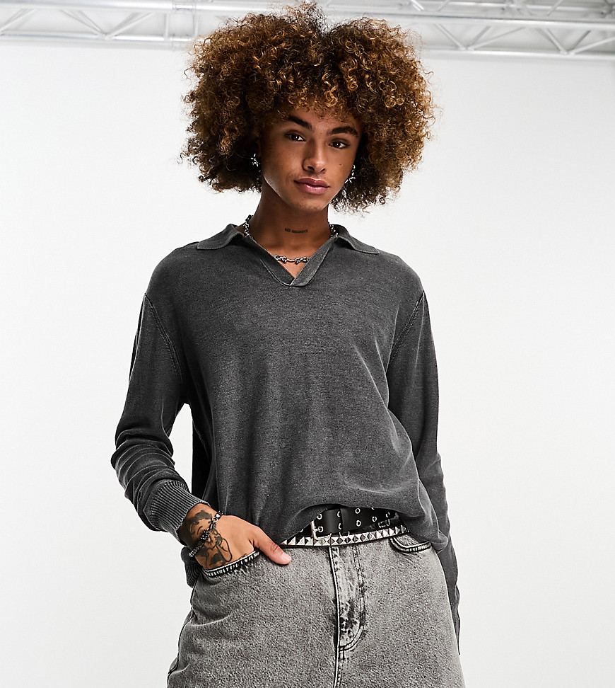 COLLUSION distressed knitted polo jumper in washed grey