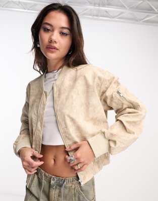 Collusion Distressed Printed Bomber Jacket In Neutral