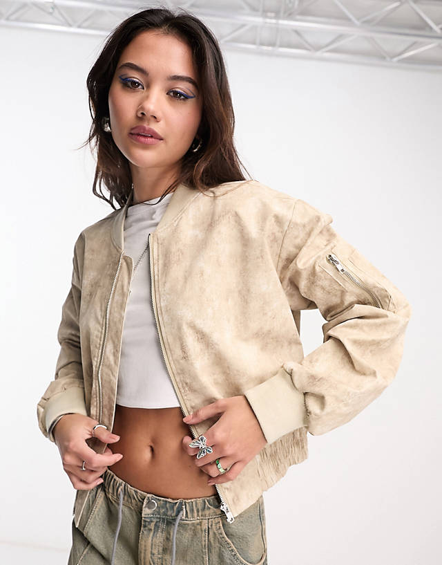 Collusion - distressed printed bomber jacket in neutral