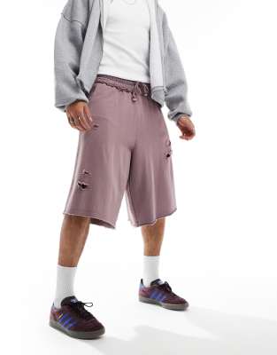 distressed skater fit festival shorts in purple wash