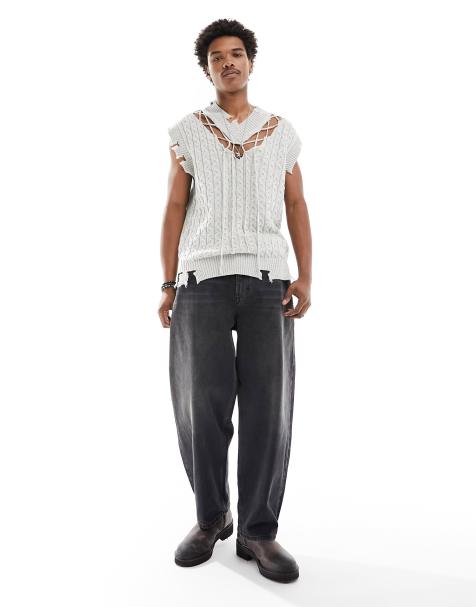 COLLUSION distressed v-neck knitted vest in ecru - view 1