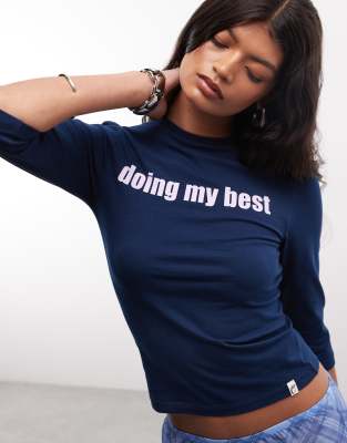 Collusion Doing My Best Slogan 3/4 Sleeve Fitted Top In Blue