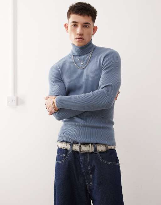 COLLUSION - Dolcevita in morbida maglia color blu denim