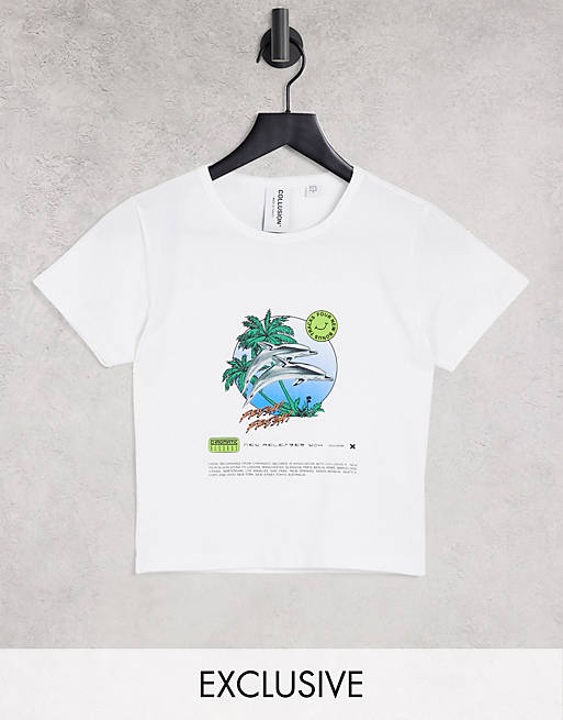 COLLUSION dolphin print fitted t-shirt in white