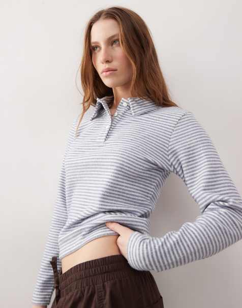 COLLUSION fluffy stripe fitted long sleeve polo